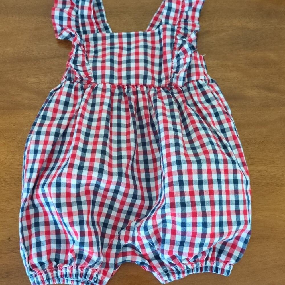 Blue/red baby Chambray bubble Romper 6-9M